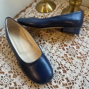Clizia Sz 37 Marge Low Navy Blue Leather Pumps Heels Shoes Made in Italy Womens